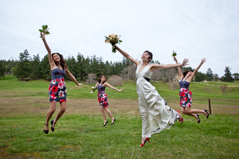 Photo of bride and bride's maids jumping on Orcas Island